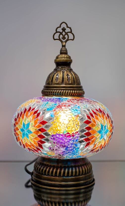 Multi Colour Mosaic Round Bronze Table, Multi Coloured Table Lamp